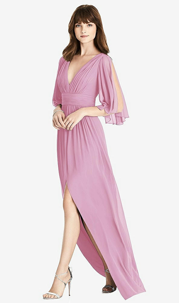 Front View - Powder Pink Split Sleeve Backless Chiffon Maxi Dress