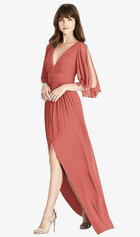 Front View - Coral Pink Split Sleeve Backless Chiffon Maxi Dress