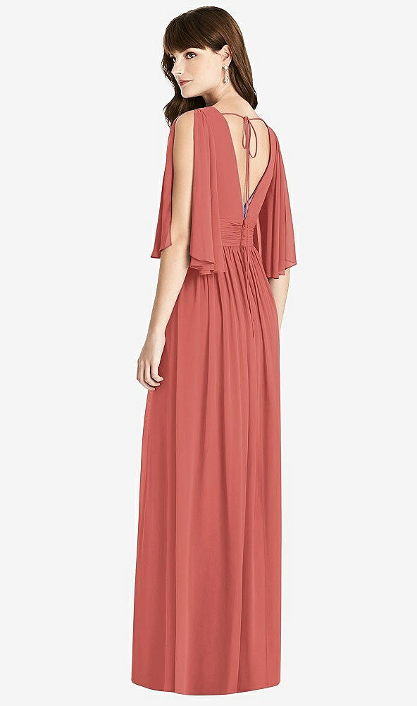 Back View - Coral Pink Split Sleeve Backless Chiffon Maxi Dress