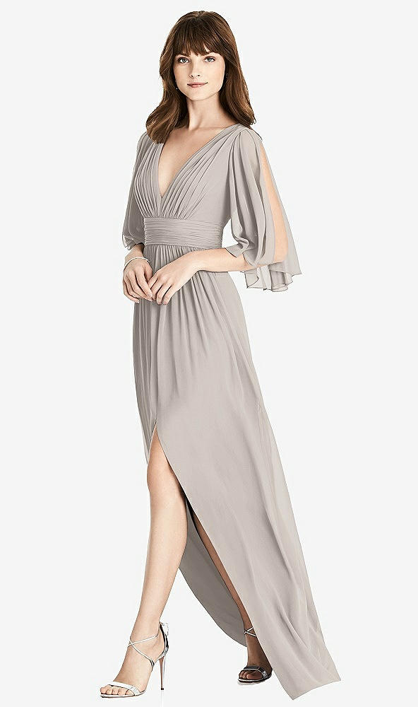 Front View - Taupe Split Sleeve Backless Chiffon Maxi Dress