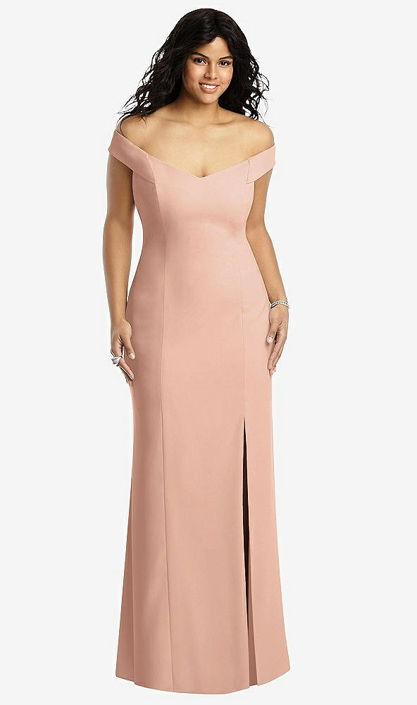Front View - Pale Peach Off-the-Shoulder Criss Cross Back Trumpet Gown
