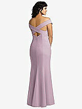 Rear View Thumbnail - Suede Rose Off-the-Shoulder Criss Cross Back Trumpet Gown