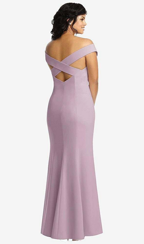 Back View - Suede Rose Off-the-Shoulder Criss Cross Back Trumpet Gown