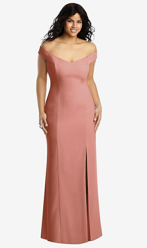Front View - Desert Rose Off-the-Shoulder Criss Cross Back Trumpet Gown
