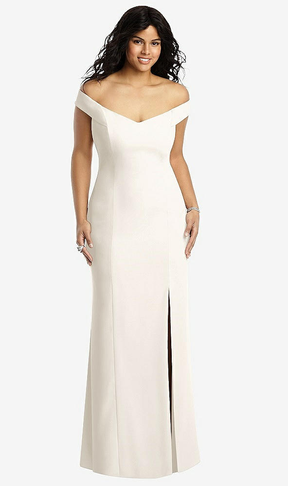 Front View - Ivory Off-the-Shoulder Criss Cross Back Trumpet Gown