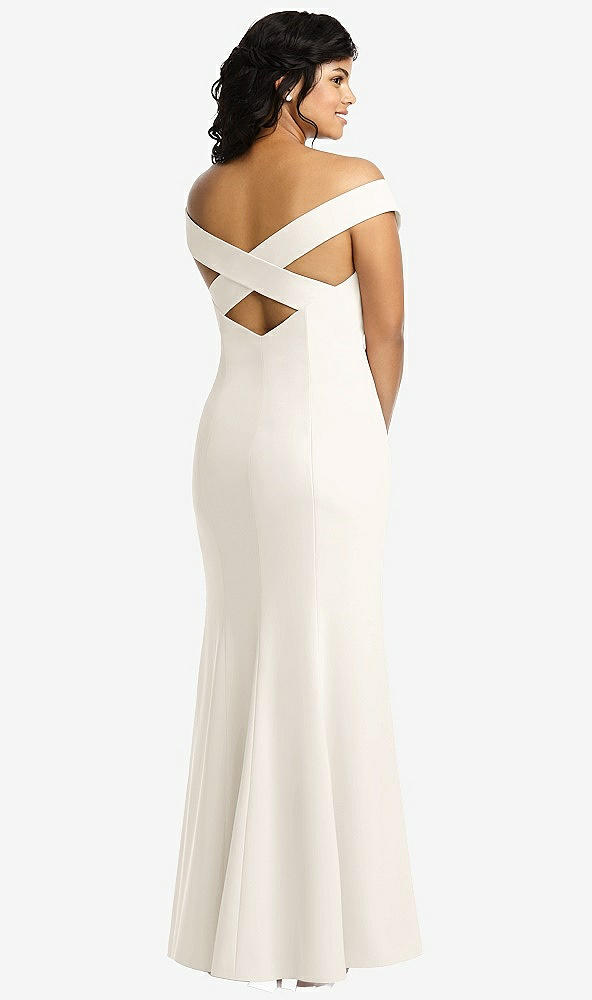 Back View - Ivory Off-the-Shoulder Criss Cross Back Trumpet Gown