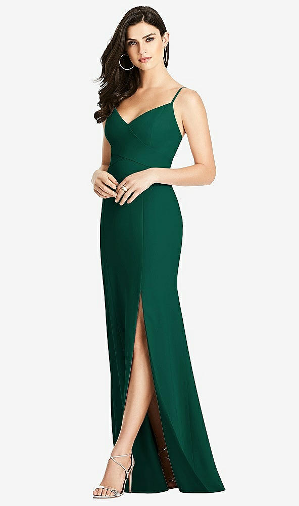 Front View - Hunter Green Seamed Bodice Crepe Trumpet Gown with Front Slit