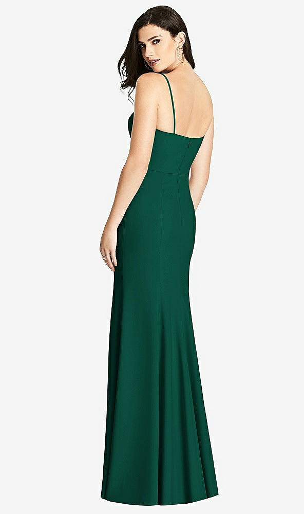 Back View - Hunter Green Seamed Bodice Crepe Trumpet Gown with Front Slit