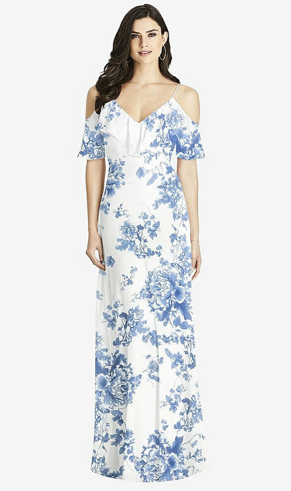 Front View - Cottage Rose Dusk Blue Ruffled Cold-Shoulder Chiffon Maxi Dress