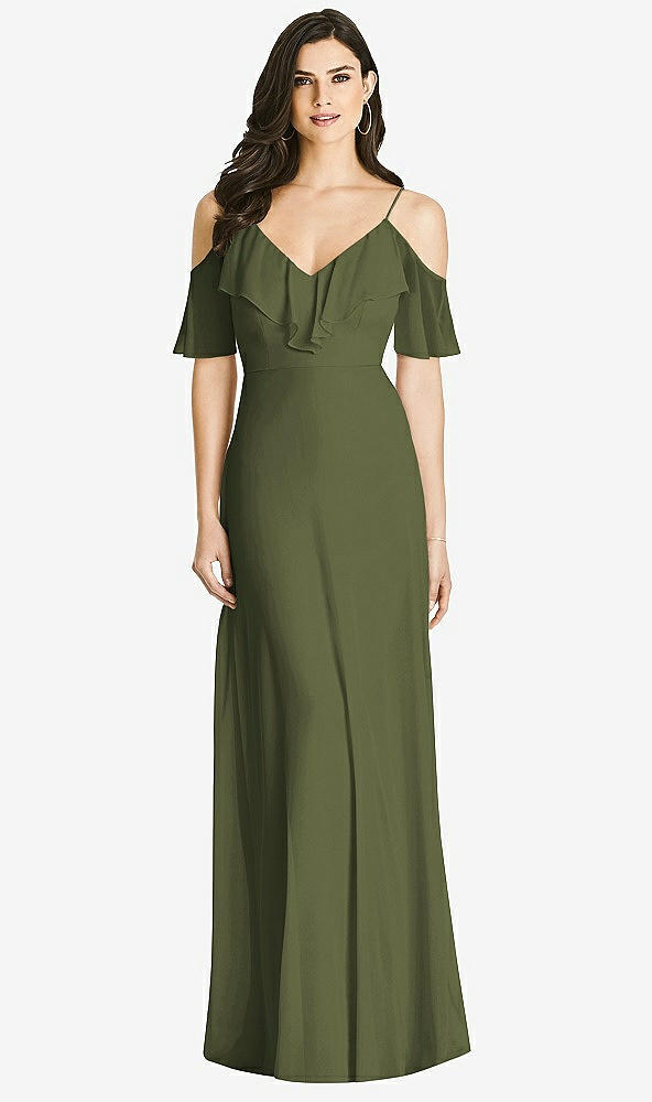 Front View - Olive Green Ruffled Cold-Shoulder Chiffon Maxi Dress