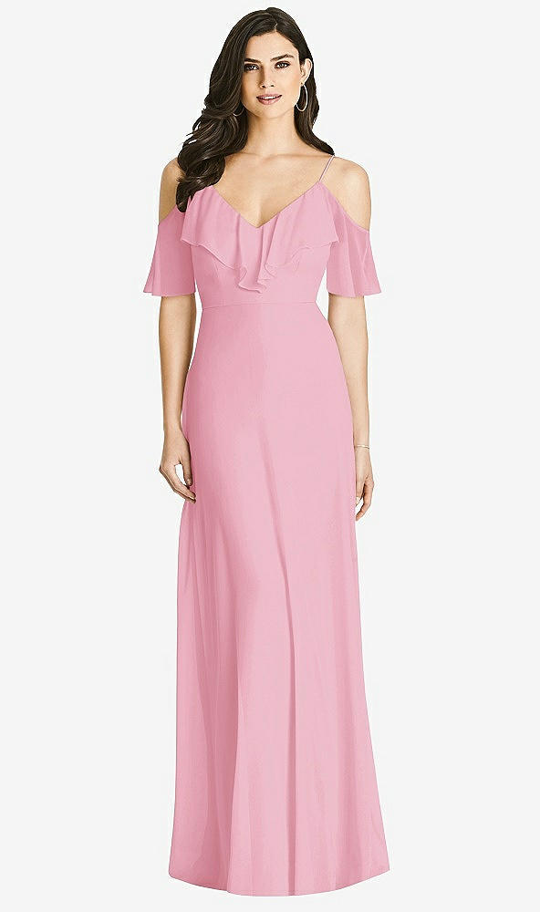 Front View - Peony Pink Ruffled Cold-Shoulder Chiffon Maxi Dress
