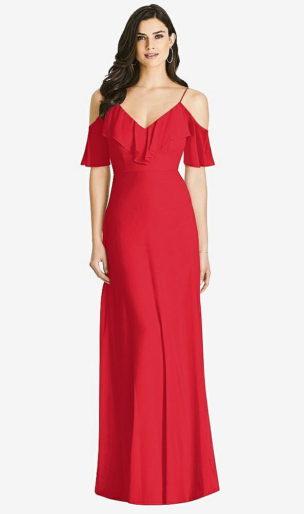Front View - Parisian Red Ruffled Cold-Shoulder Chiffon Maxi Dress