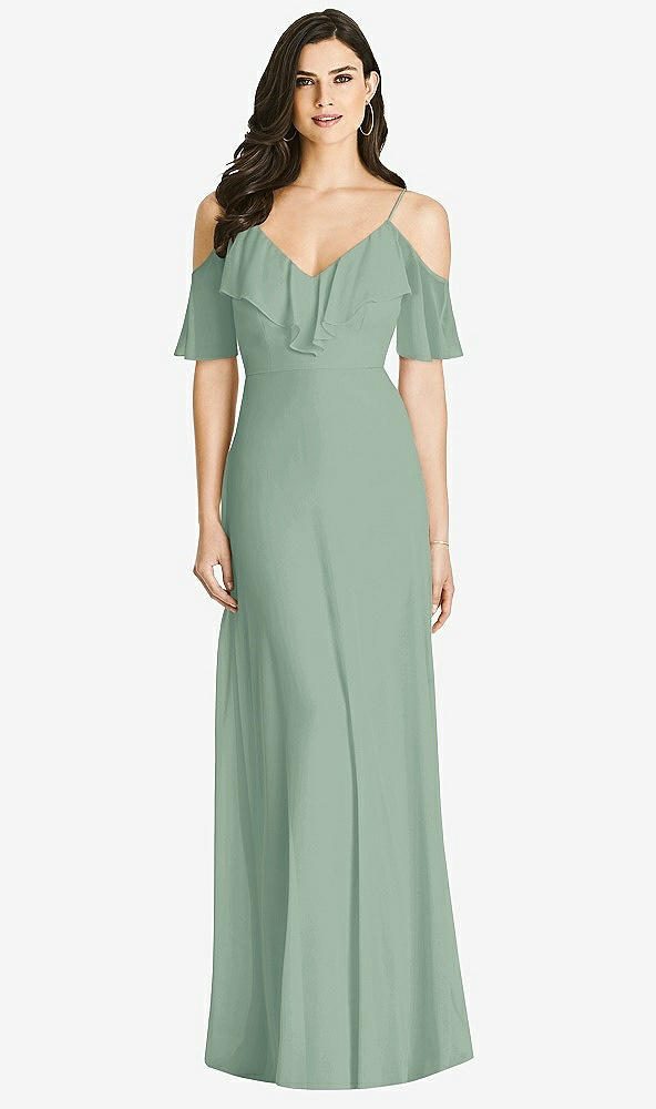Front View - Seagrass Ruffled Cold-Shoulder Chiffon Maxi Dress