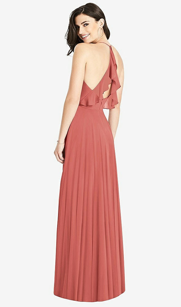 Front View - Coral Pink Ruffled Strap Cutout Wrap Maxi Dress
