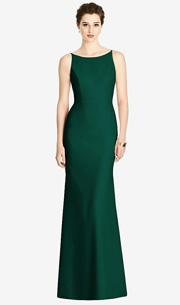 Back View - Hunter Green Bateau-Neck Open Cowl-Back Trumpet Gown