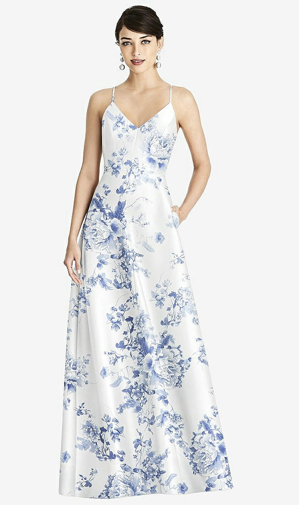 Front View - Cottage Rose Larkspur Criss Cross Back Floral Satin Maxi Dress with Full A-Line Skirt
