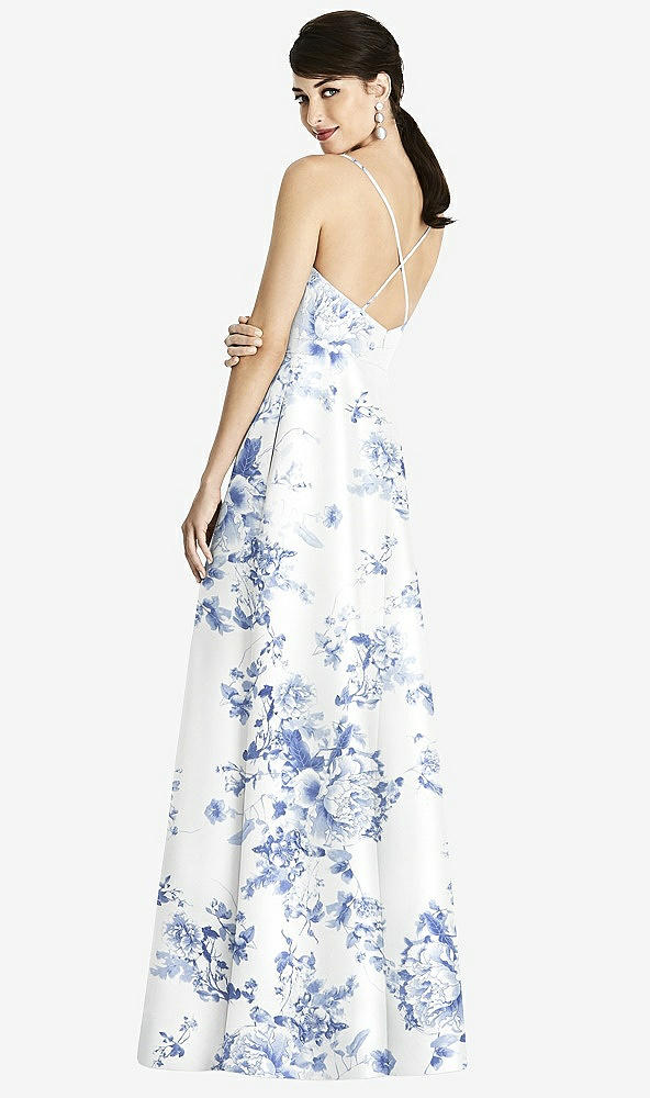 Back View - Cottage Rose Larkspur Criss Cross Back Floral Satin Maxi Dress with Full A-Line Skirt