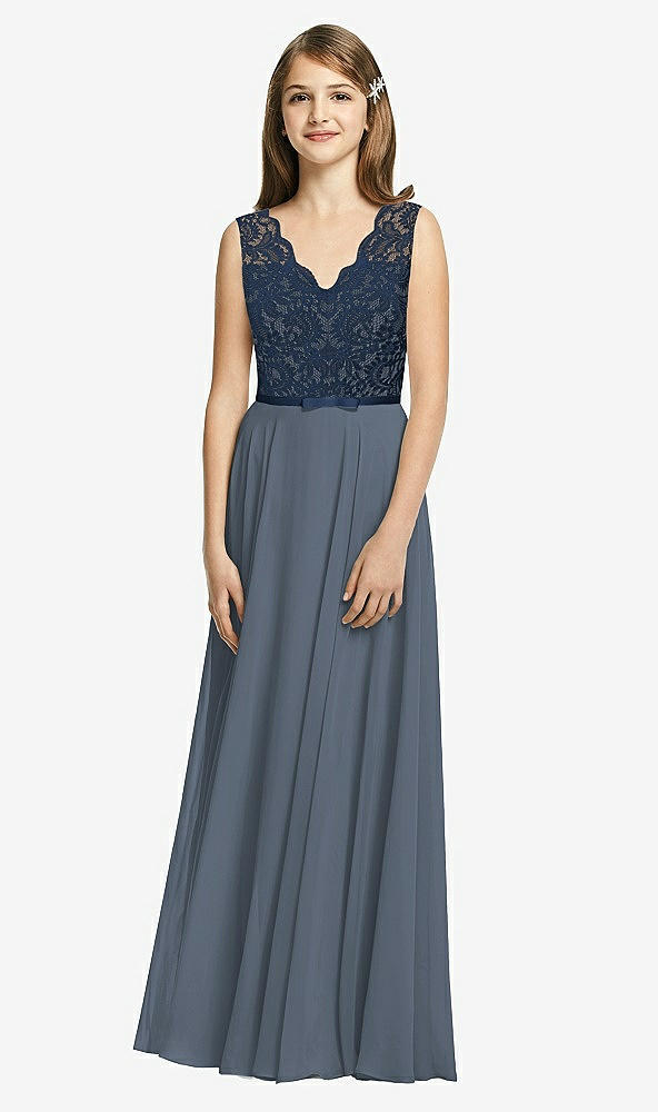 Front View - Silverstone & Midnight Navy Dessy Collection Junior Bridesmaid Dress JR542