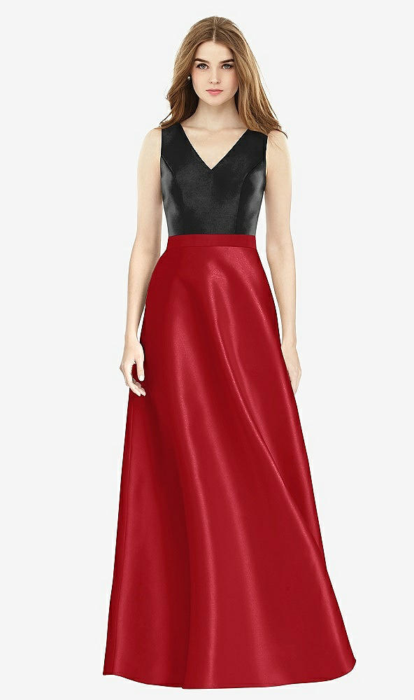 Front View - Garnet & Black Sleeveless A-Line Satin Dress with Pockets