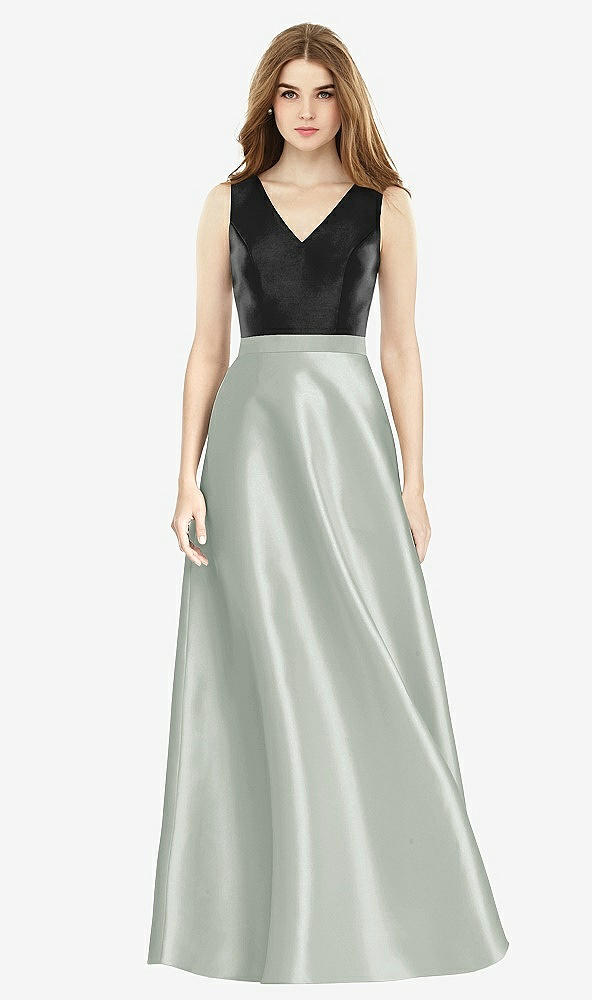 Front View - Willow Green & Black Sleeveless A-Line Satin Dress with Pockets