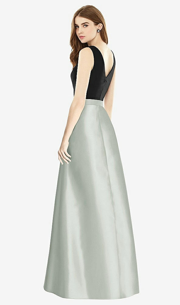 Back View - Willow Green & Black Sleeveless A-Line Satin Dress with Pockets