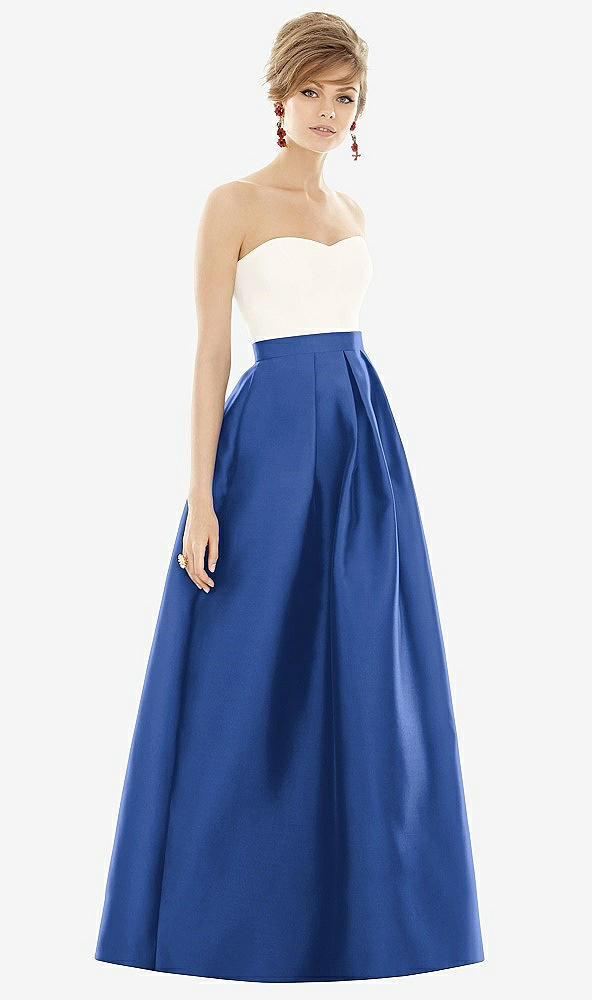 Front View - Classic Blue & Ivory Strapless Pleated Skirt Maxi Dress with Pockets