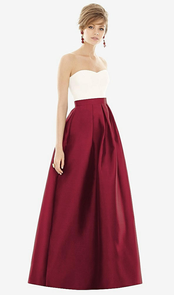 Front View - Burgundy & Ivory Strapless Pleated Skirt Maxi Dress with Pockets