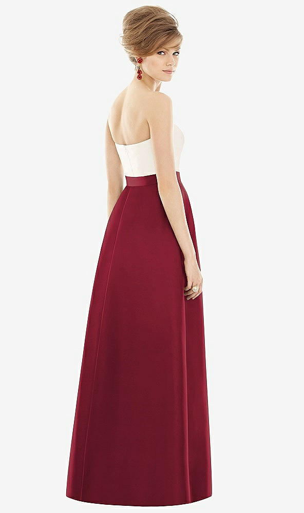 Back View - Burgundy & Ivory Strapless Pleated Skirt Maxi Dress with Pockets