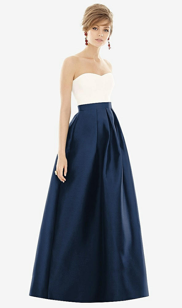 Front View - Midnight Navy & Ivory Strapless Pleated Skirt Maxi Dress with Pockets
