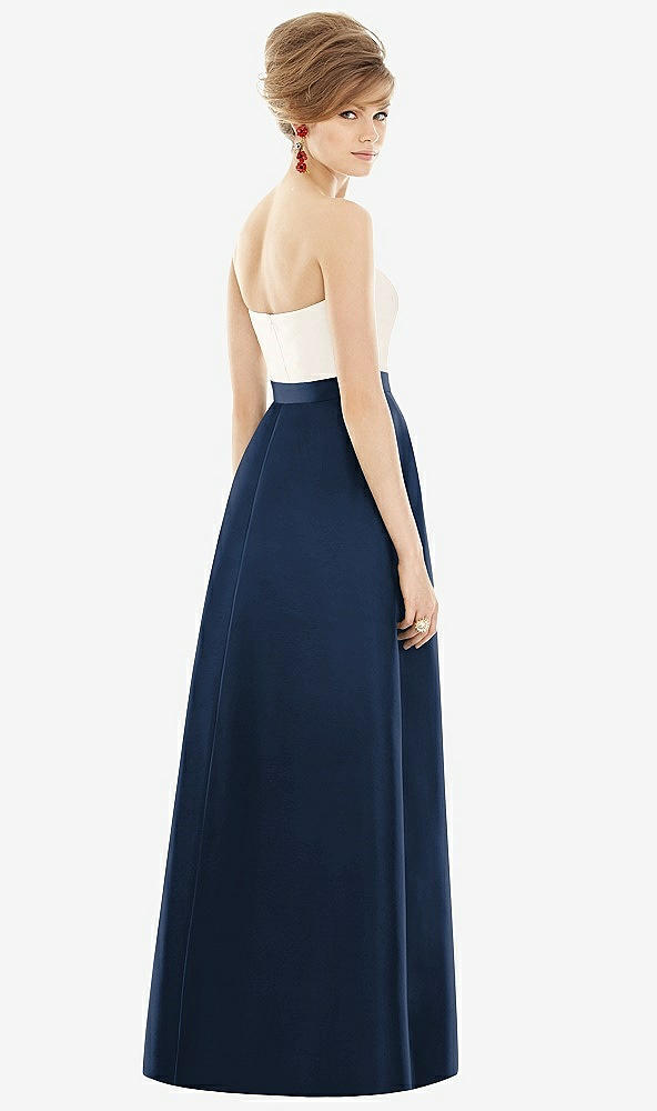 Back View - Midnight Navy & Ivory Strapless Pleated Skirt Maxi Dress with Pockets