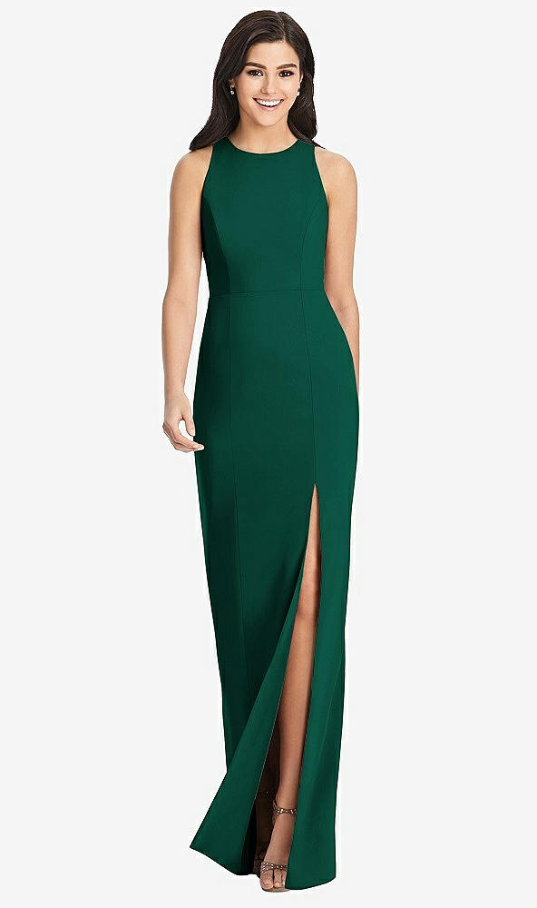 Front View - Hunter Green Diamond Cutout Back Trumpet Gown with Front Slit