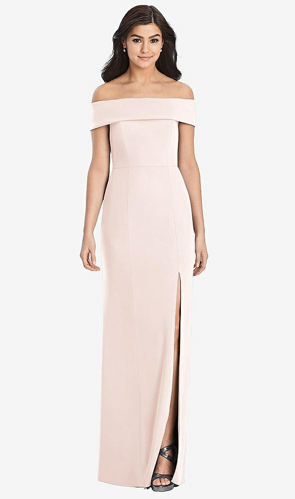 Front View - Blush Cuffed Off-the-Shoulder Trumpet Gown