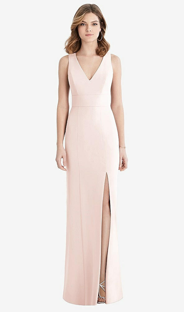 Back View - Blush Criss Cross Back Trumpet Gown with Front Slit