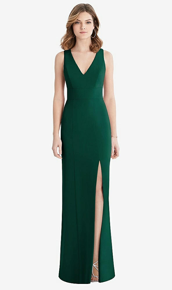 Back View - Hunter Green Criss Cross Back Trumpet Gown with Front Slit