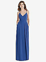 Front View Thumbnail - Classic Blue Pleated Skirt Crepe Maxi Dress with Pockets