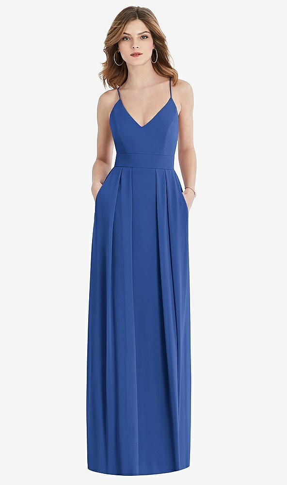 Front View - Classic Blue Pleated Skirt Crepe Maxi Dress with Pockets