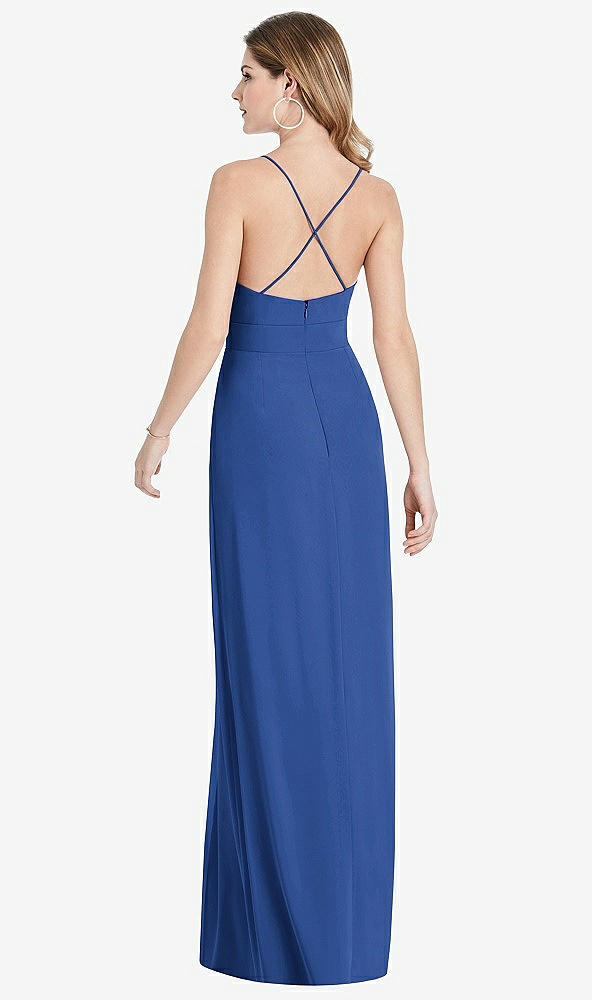 Back View - Classic Blue Pleated Skirt Crepe Maxi Dress with Pockets