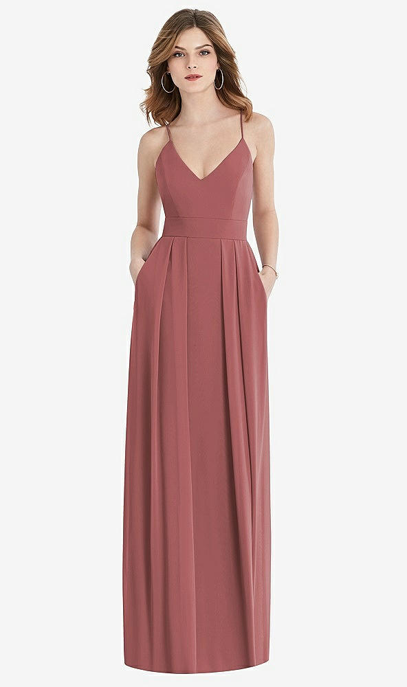 Front View - English Rose Pleated Skirt Crepe Maxi Dress with Pockets