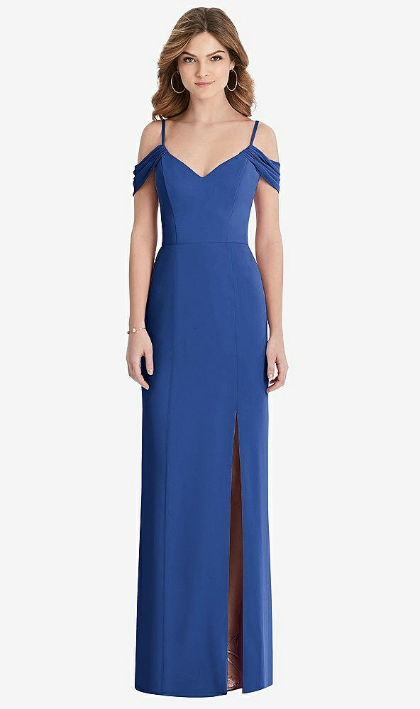 Front View - Classic Blue Off-the-Shoulder Chiffon Trumpet Gown with Front Slit
