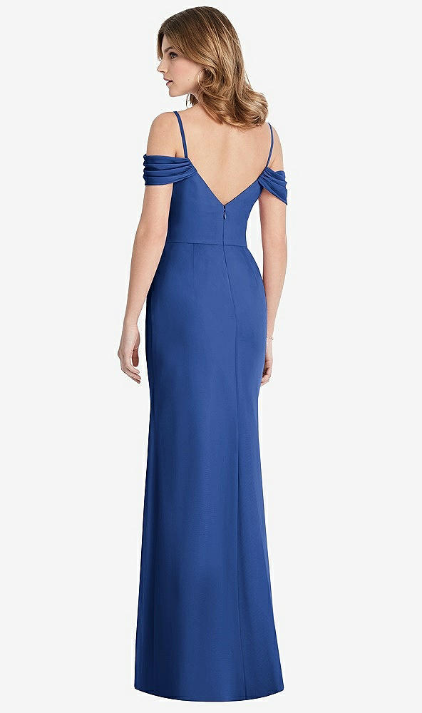 Back View - Classic Blue Off-the-Shoulder Chiffon Trumpet Gown with Front Slit