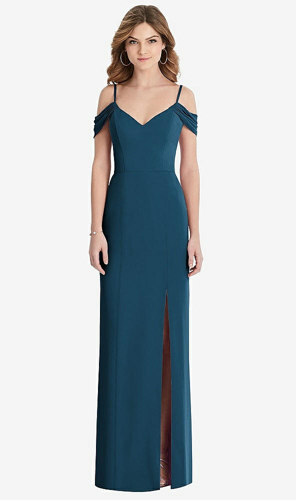 Front View - Atlantic Blue Off-the-Shoulder Chiffon Trumpet Gown with Front Slit