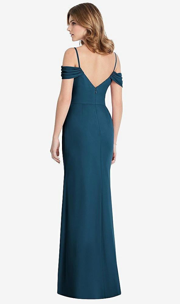 Back View - Atlantic Blue Off-the-Shoulder Chiffon Trumpet Gown with Front Slit