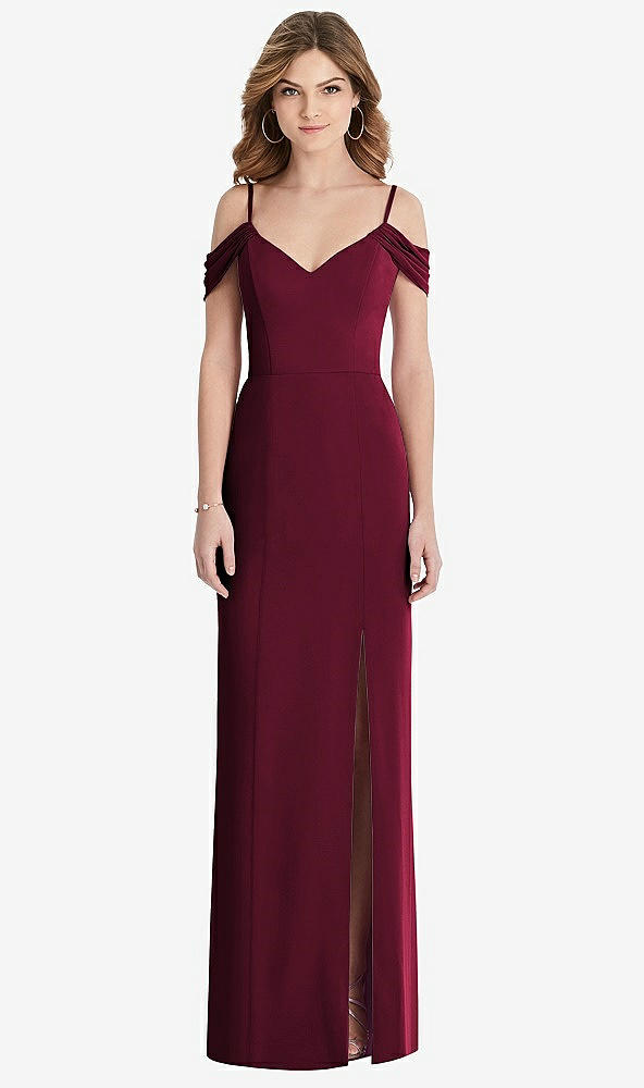 Front View - Cabernet Off-the-Shoulder Chiffon Trumpet Gown with Front Slit