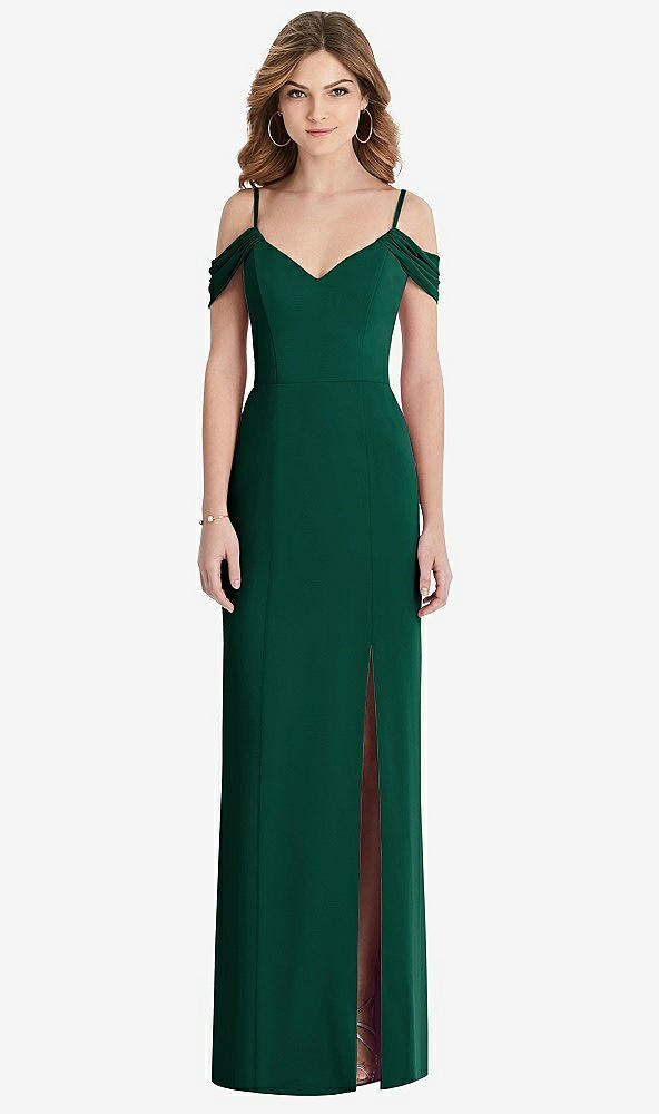 Front View - Hunter Green Off-the-Shoulder Chiffon Trumpet Gown with Front Slit