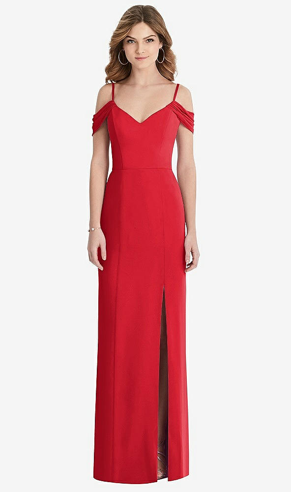 Front View - Parisian Red Off-the-Shoulder Chiffon Trumpet Gown with Front Slit