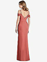 Rear View Thumbnail - Coral Pink Off-the-Shoulder Chiffon Trumpet Gown with Front Slit