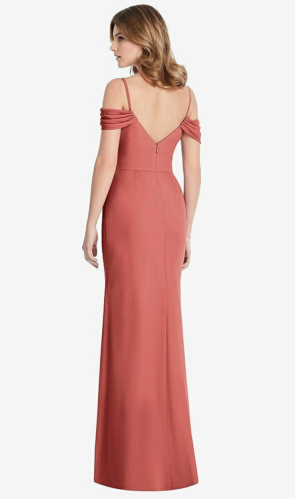 Back View - Coral Pink Off-the-Shoulder Chiffon Trumpet Gown with Front Slit