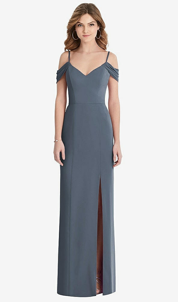 Front View - Silverstone Off-the-Shoulder Chiffon Trumpet Gown with Front Slit