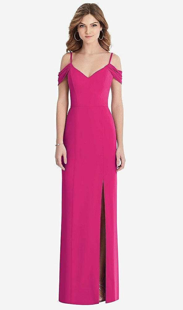 Front View - Think Pink Off-the-Shoulder Chiffon Trumpet Gown with Front Slit