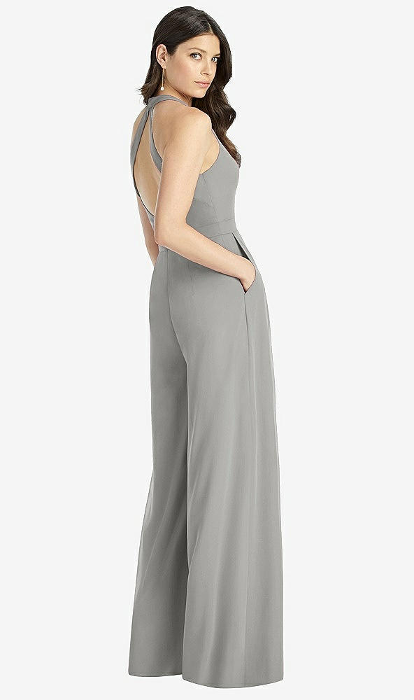 Back View - Chelsea Gray V-Neck Backless Pleated Front Jumpsuit